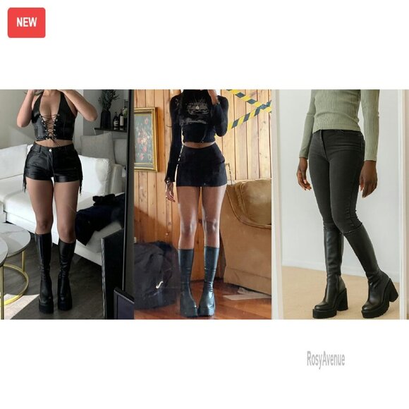 Knee High Platform Combat Boots Elastic Leather Chunky Heel Zipper - Picture 7 of 7